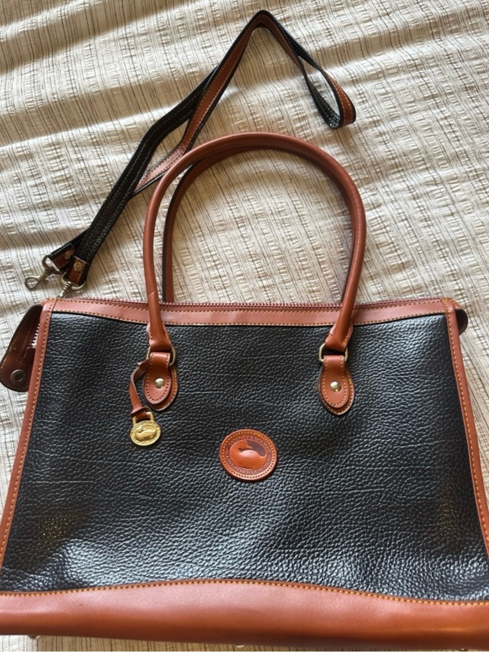 Vintage Dooney & Bourke AWL Black Pebbled Leather Satchel/Tote with Brown Trim